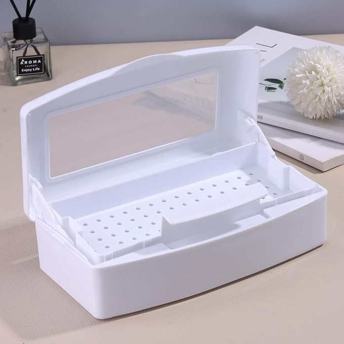 Nail Tool Sterilizer Box Plastic Disinfectant Container for Nail Art Accessories Tools, Sterilizer Soaking Box with Strainer Pedicure Manicure Cleaning Equipment, White
