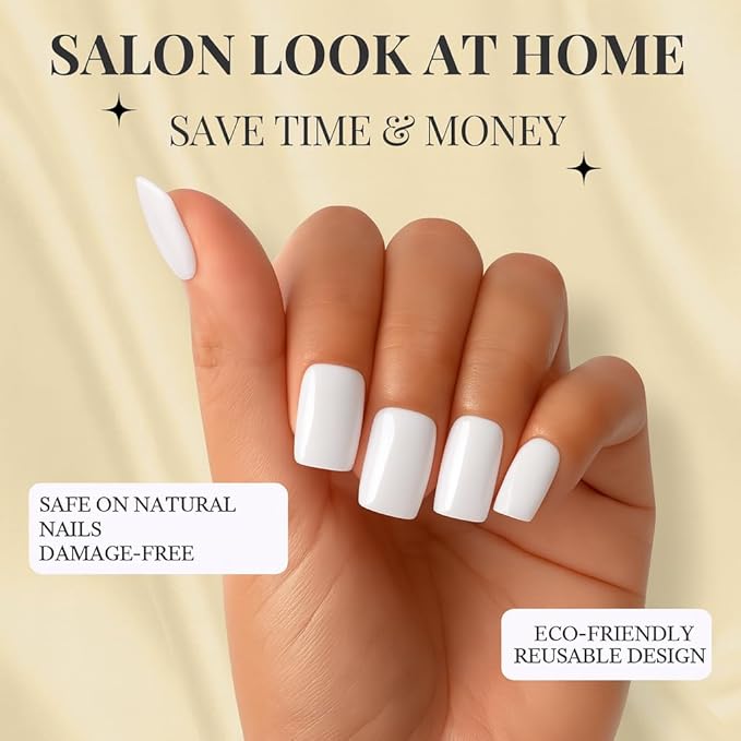 White Press On Nails Short Square - No Glue Natural Elegant Acrylic Fake Nail Design for Everyday or Wedding, Easy to Apply & Remove, 24 Nails in 12 Sizes with File