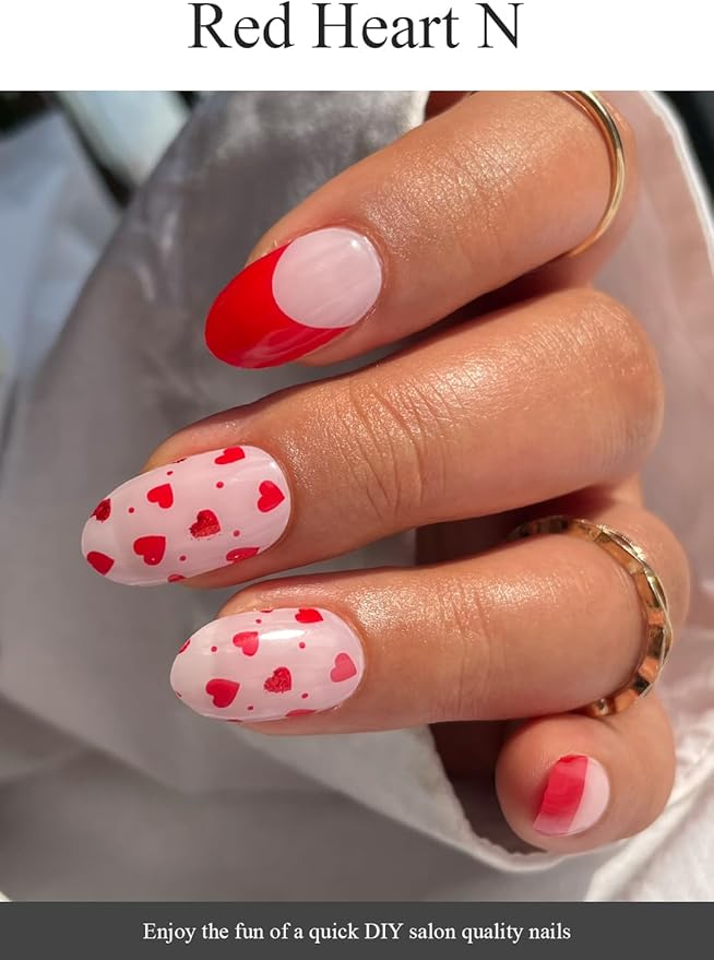 Semi Cured Gel Nail Strips (Red Heart N), Valentine's Day French, 20 Pcs Gel Nail Wraps, Stickers, Works with Any UV Lamps