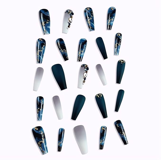 Long Press on Nails Navy Blue Coffin Fake Nails French Marble False Nails with Glitter Designs Rhinestones Glue on Nail Matte Stick on Artificial Nails for Women 24Pcs
