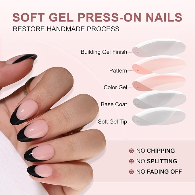 French Tip Press On Nails Almond Short Fake Nails with glue, Soft Gel Black French Tip Press on Gel Nail, Reusable Stick On Nail in 16 Sizes - Glue On Nails 32 Pcs