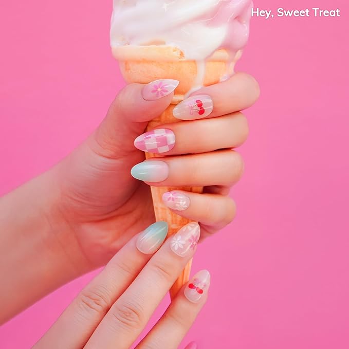Heyhae Semi Cured Gel Nail Strips | No LED Lamp Needed | Summer, Ombre, Cute | Easy Apply & Remove, Salon Quality | Includes 28 Strips, 1 Prep Pads, Nail File & Wooden Stick - Hey, Sweet Treat