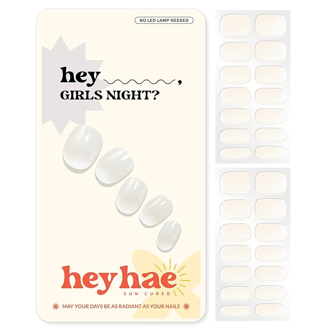 Heyhae Semi Cured Gel Nail Strips | No LED Lamp Needed | Ombre, White, Spring | Easy Apply & Remove, Salon Quality | Includes 28 Strips, 1 Prep Pads, Nail File & Wooden stick - Hey, Girls Night?