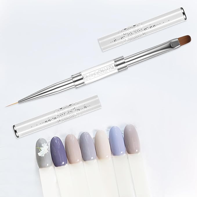 Dual-Ended Nail Art Brushes, 2 PCS Hard Gel Nail Brushes French Tip Nail Liner Brush Builder Gel Brushes Nail Drawing Brushes with Rhinestone Handle French Manicure Design Brushes for Nail Art Design