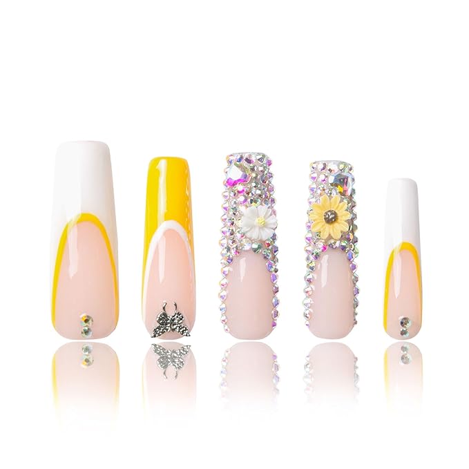 LOVFUL Press on Nails Sunflower| Handmade with Full Covered Crystals| Reusable Fake Nails| Square Mid length 1.7in| H143-S