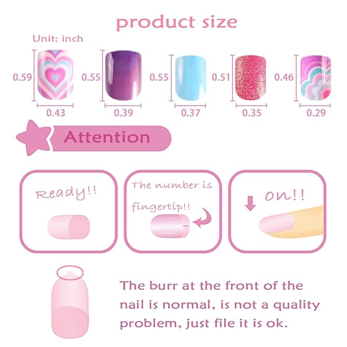 Laza Children Nails Press On Pre-glue Full Cover Sweet Glitter Love Gradient Short False Nail Kits for Kids Teenager Girls-Sweetie Hearts