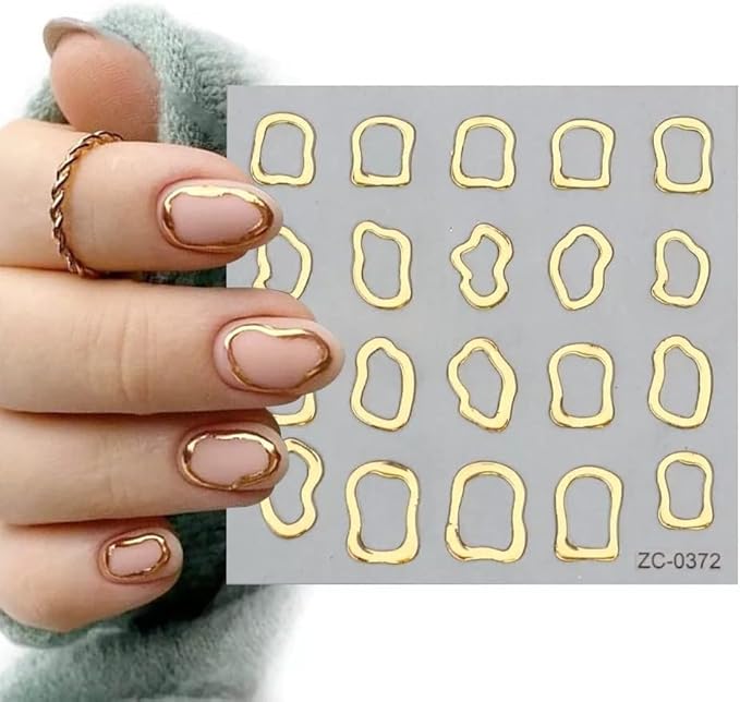 5D Gold Embossed Nail Art Stickers Crystal Soft Glue Irregular Geometric Frames Nail Stickers Sliver Hollow Designs Nail Decals Supplies Self Adhesive Stickers DIY Acrylic Nail Accessories