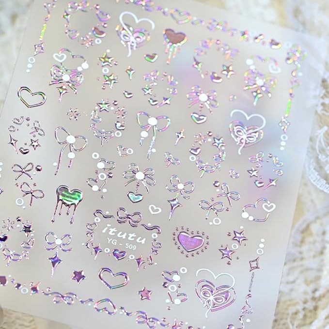5D Embossed Pink Nail Stickers for Nail Art Self-Adhesive Valentines Day Nail Art Stickers 3D Laser Bow Love Star Designs Heart Nails Art Supplies Cute Nail Decals for Women Manicure Decorations DIY