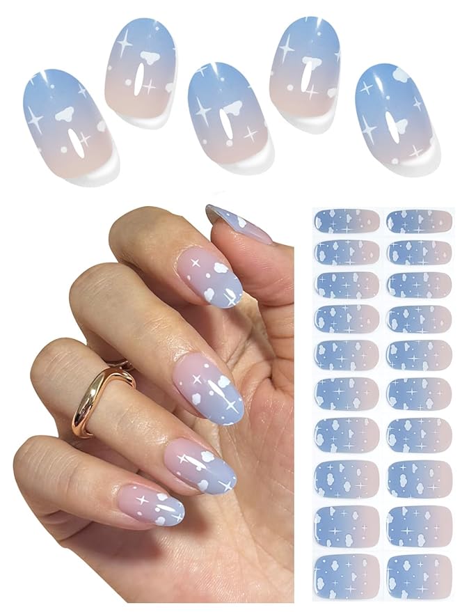 Semi Cured Gel Nail Strips, 20pcs Clound Gel Nail Stickers UV for Home Nails DIY