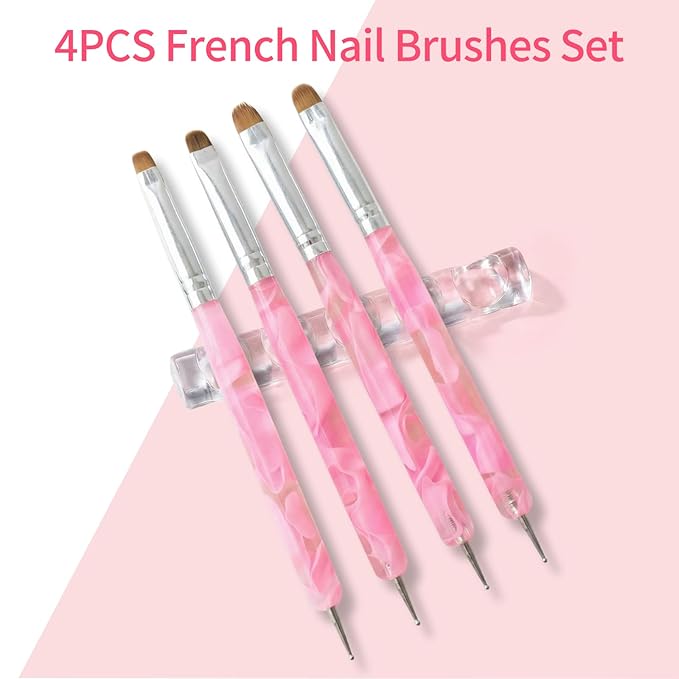 4Pcs French Tip Brush for Nails, Dual-Ended Nail Art Brushes Set with Nylon Bristles for Precision Smile Lines, Gel Polish Cleanup Brush with Resin Holder and 3pcs Nails Tools