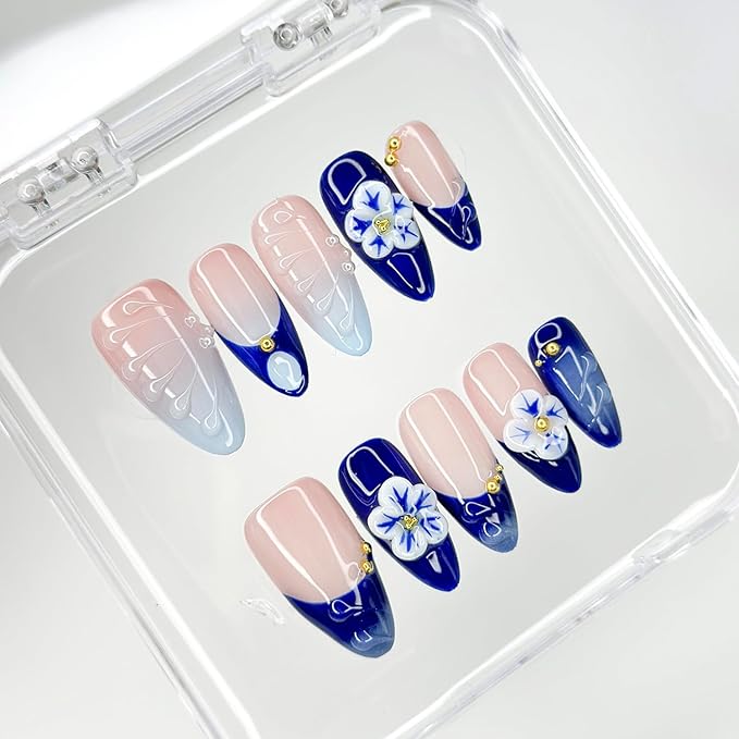 Luxury Press on Nails Medium Almond Handmade 3D French Tip Unique Reusable ABS Material Fake Nails Blue False Nails with Designs Pearls Floral Art Petal Glossy Glue on Nails Thick Acrylic Nails(M)