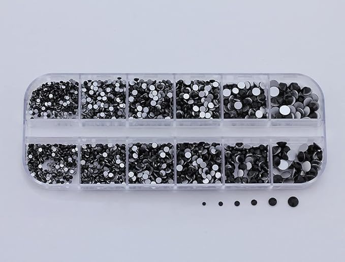 Over 2100 Pieces Jet Black Flat Back Glass Rhinestones Crystals for Nail Art Kit 6 Sizes (1.4mm - 4.8mm)