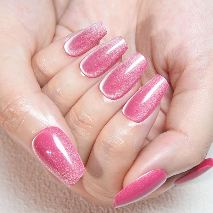 evpct Rose Pink Cat Eye Coffin Press on Nails Square Medium, Medium Square Stick on Nail for Women, Rose Pink Metallic Glitter Glossy Reusable Summer Soft Gel Press on Acrylic Fake Nail with Designs