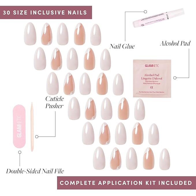 Valentines Day Glamnetic Press On Nails - Lovey Dovey | Glossy, Semi-Transparent Short Almond Nails with Abstract Accents, Salon Quality | 15 Sizes - 30 Nail Kit with Glue