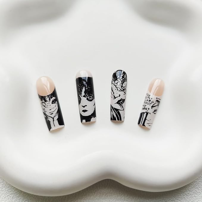 Long Black White Halloween Anime False Nails - Square, Full Cover Glossy Acrylic Artificial Nails - Stick On for Women with Design