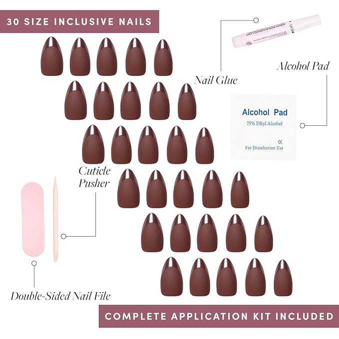 Glamnetic Press On Nails - Terra Fake Nails | Short Almond Dark Brown Nails with Glossy French Tips in a Matte Finish | 15 Sizes - 30 Nail Kit with Glue
