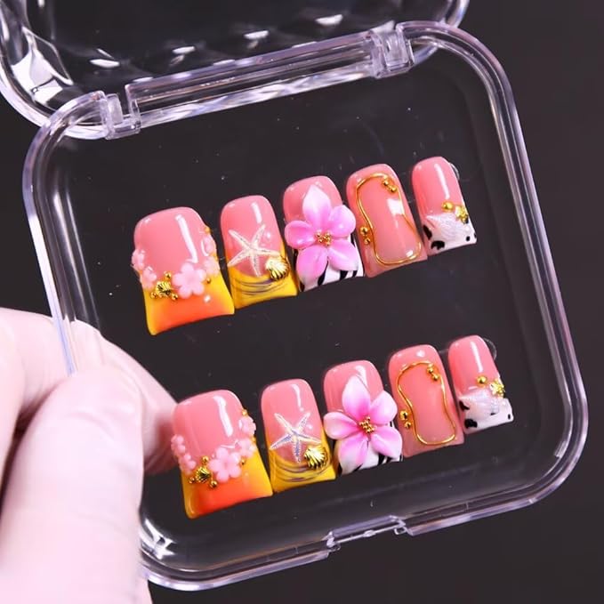 Press On Nails, 10 Pcs Handmade French Duckbill Fake Nails, Reusable Artificial Cute Short False Nails for Women 3D Acrylic Nails Kit (Size S)