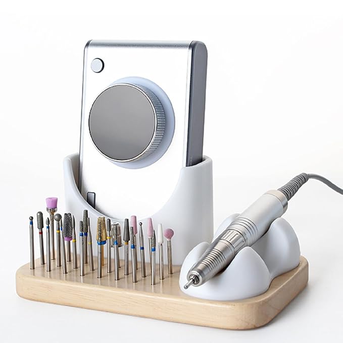 Nail Drill Bit Holder and Organizer, 24 Hole Wooden Base with Soft Silicone Holder for Nail Drill Machine and Grinding Pen, Desktop Storage Case for Nail Techs, Home Salon Use and Nail Art Tools
