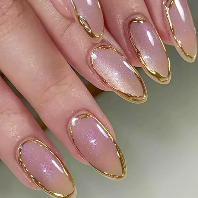 evpct Gold Line 3D Cat Eye Press On Nails Medium Almond with Designs, 3D Crystal Handmade Press on Nails for Women, Reusable Medium Almond Gel Acrylic Fake Nail Stick on Soft Nail Gold Tip