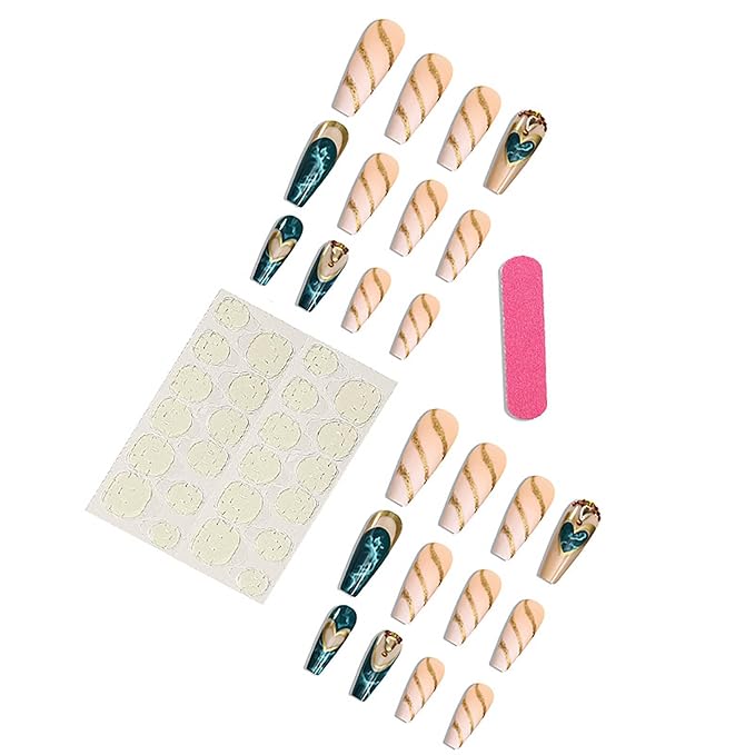 RTKHFZE French Tip Press on Nails Extra long Press on Fake Nails Square False Nails with Swirl and Blue Heart Designs Acrylic Press on Nails with Glue Stick on Nails for Women Nail Decorations