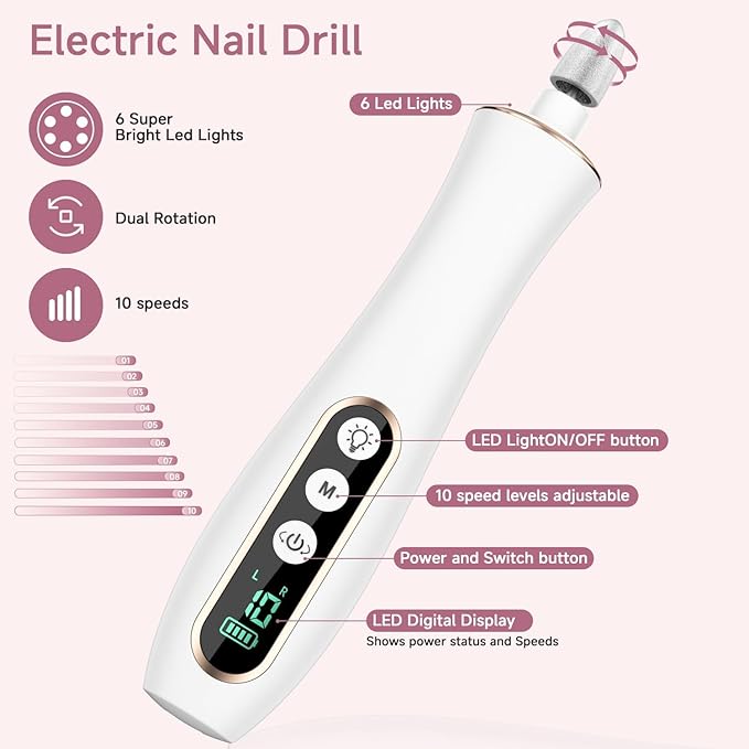 4 Pack Professional Nail Drill Kit – 10 Interchangeable Heads & 100 Sanding Bands for All Nail Types, White