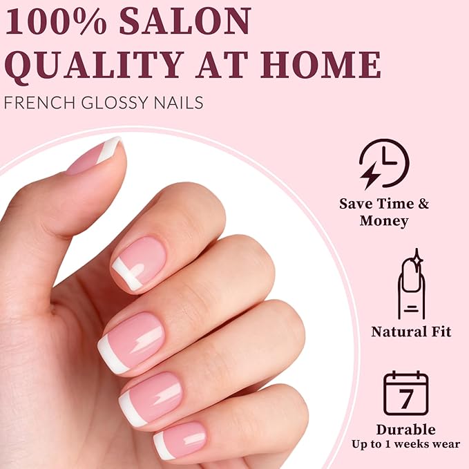 240PC White French Tip Press on Nails Short Fake Nails Press ons with 5*Adhesive Tabs, Pink Square Acrylic Nail Press on Nail French Tip Nails False Artificial Fingernails Stick on Nails-C