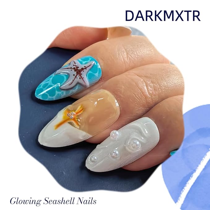 30Pcs 3D Beach Press On Nails - Starfish Shell Design, Long Almond Fake Nails for Summer Vacation