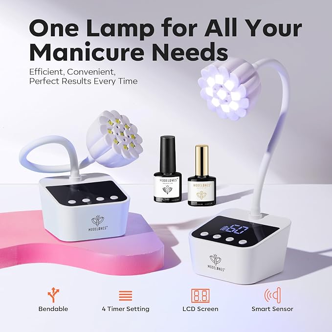 modelones Cordless UV Nail Lamp, Mini LED UV Light for Gel Polish Fake Nails Fast Curing Portable Gooseneck Lamp Nail Dryer Home DIY Manicure Kit 32W & 2000mAh 4 Timers