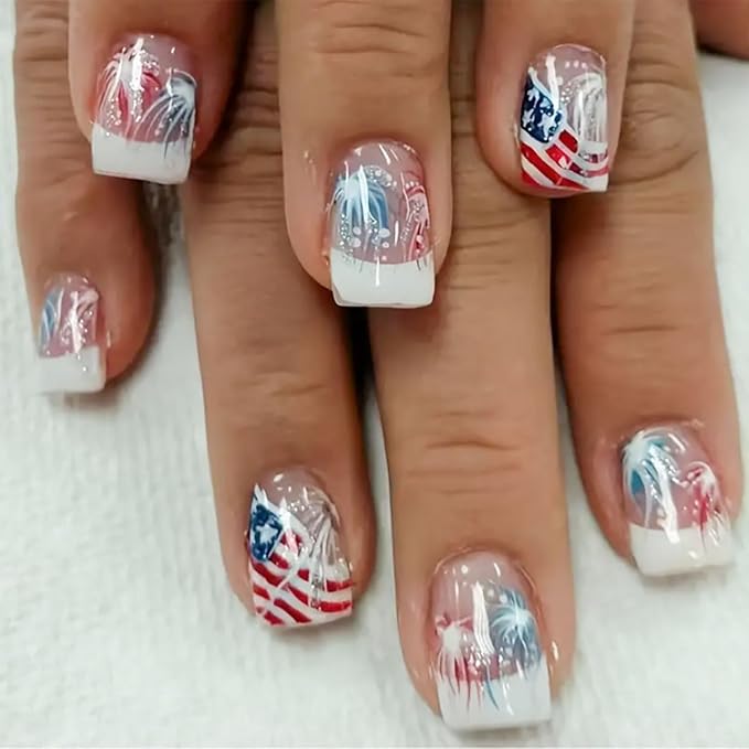 Independence Day Press on Nails Short Square Fake Nails White French Tip False Nails with Fireworks Designs Full Cover America Flag Stick on Nails Reusable Acrylic Nails for Women 4th of July 24Pcs