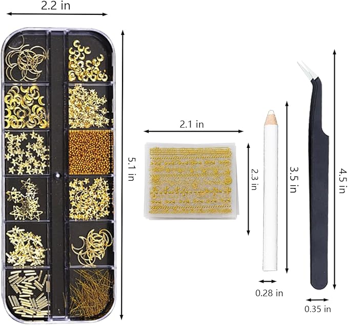 Nail Charms Nail Art Kit with 30 Sheets Gold Nail Stickers 5 Boxes of Nail Gems Nail Art Tools Nail Rhinestones for Nails Nail Supplies 3D Nail Charms and Gems Nail Decals Nail Pearls