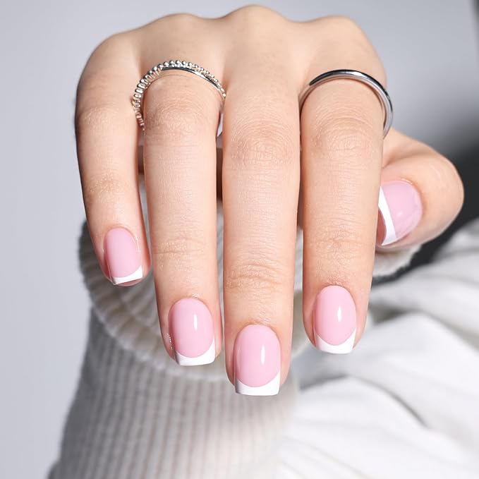 French Tip Press On Nails - Short Square Press on Nails Pink White Tips Nails Press Ons for Women Fake Nails with Glue, Glossy Reusable Glue on Nail in 15 Sizes - 30pcs, Dusty Lavender