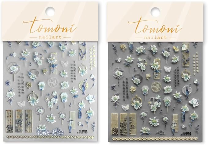 2Sheets 5D Flower Nail Sticker Nail Art Decals for Chinese Antique Style Spring Flowers Manicure Nail Supplies (Flower Two)