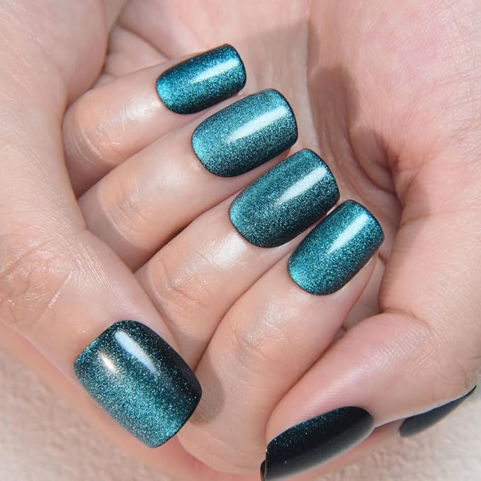 evpct Peacock Blue Cat Eye Press on Nails Short Square, Short Square Stick on Nail for Women Gift, Sapphire Blue Metallic Glitter Reusable Gel Press on Acrylic Fake Nail with Cat Eye Designs