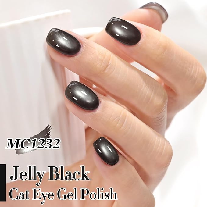 Double Rhythm 15ML Jelly Glass Cat Eye Gel Polish with Magnet Holographic Glitter Shimmer Translucent Sheer Color Salon Soak Off Magnetic Nail at Home (Crystal Black-MC1232)