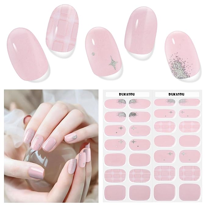 Semi Cured Gel Nail Strips, 28 pcs Nail Gel Stickers Work with Any UV Lights, Long-Lasting Nail Wraps, Stick on Nail Polish for women Easy to Apply & Remove