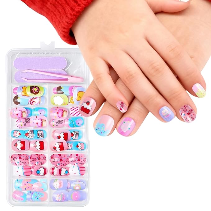 120Pcs 10 Packs Cute Short Press on Nails for Girls 5 Styles 12 Sizes Press on Nails for Kids Press ons with Desserts Candy Bow Designs Full Cover Acrylic Nails for Little Girl Gift DIY