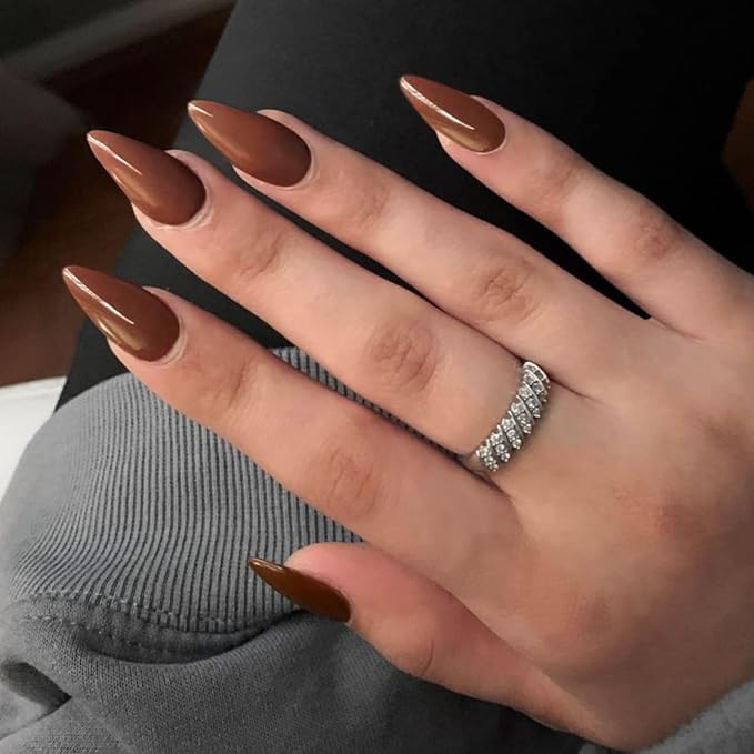 Light Brown Press on Almond Shaped Medium Nails - Neutral Acrylic Reusable Fake Nails for Women - Glue on Medium Length Stiletto False Nails - Soft Gel Artificial