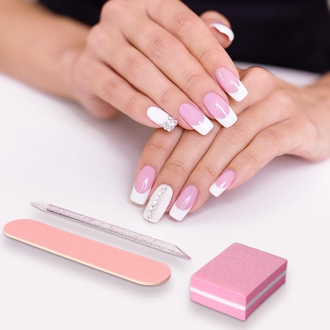 40 Sets Professional Manicure Press On Nail Tool Kit, Pink Disposable Manicure Nail Supplies kit with Mini Nail File,Mini Nail Buffer,Nail Stick