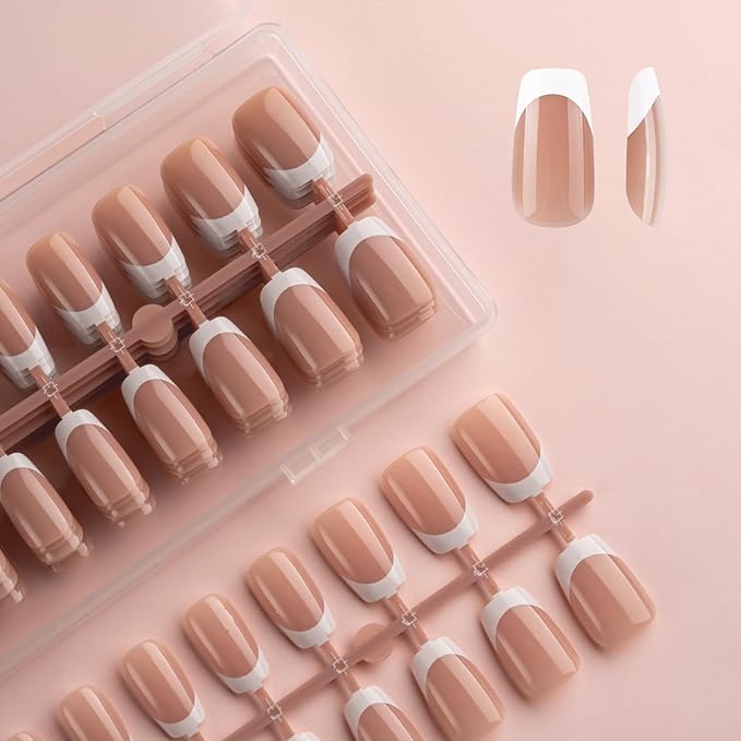 Lamemoria Pre-Design Medium Short Square French Tip Press On Nails, Brown Base White French Nail Tips, Salon Nail Art Kit, 240 PCS