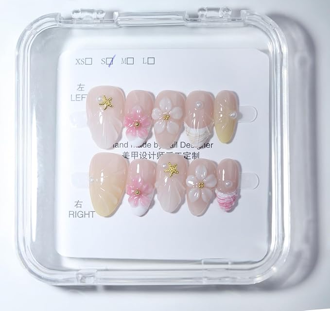 10 Short Almond Handmade Press On Nails | Coastal-Inspired 3D Floral & Starfish Nude & Pearl Accent False Nails,New styles | Skip Salon Trips, Easy to Apply & Remove, Reusable (251107, XS)