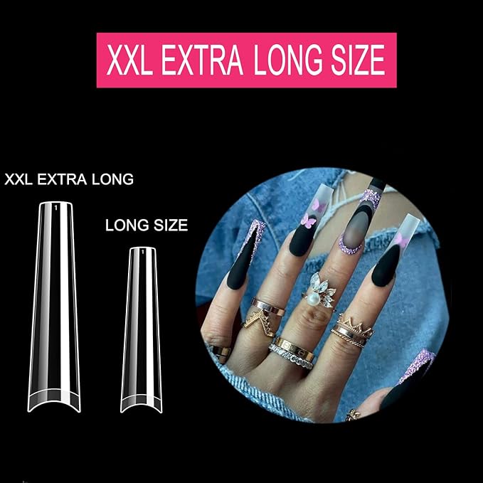500Pcs XXL No C Curve Coffin Tips for Acrylic Nails Professional Set, Clear Half Cover Long Fake Nails, Ballerina Shaped French Tips for Salon and DIY Art 10 Sizes