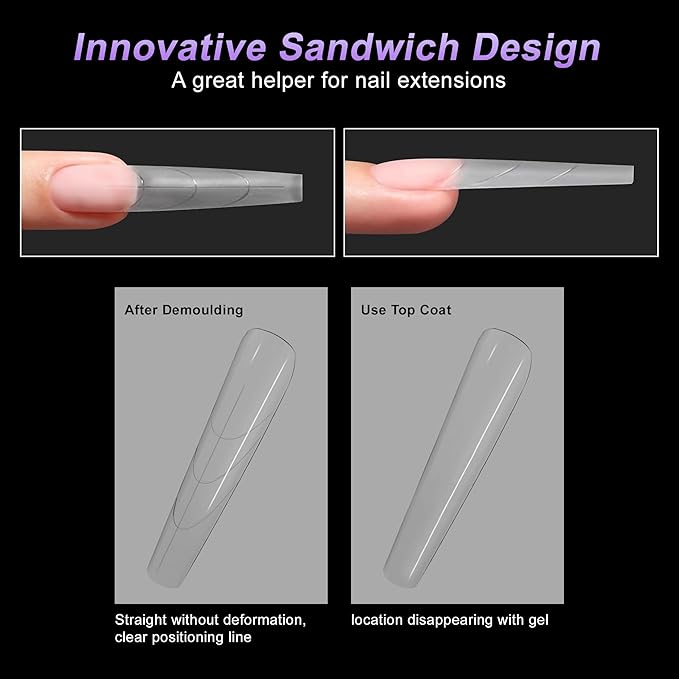 VOCOSTE 240pcs Sandwich Dual Nail Forms, Long Coffin Nail Art Tools for Quick Nail Extension, 15 Sizes Plastic Reusable Form, Long Nails DIY Salon & Bride Party Manicure Kits