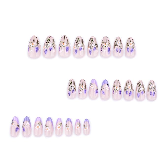 French Short Press On Nails Almond, Nude Fake Nails with Blue French Tip and Delicate Botanical Design, Glossy Gel Finish Acrylic Nails, Natural Reusable Glue On Nails Kit for Women, Serene Garden