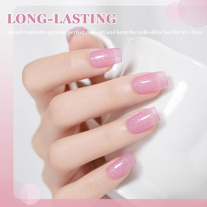 RARJSM Nude Sweet Pink Rainbow Glitter Rubber Base Coat Gel Nail Polish Natural Skin Tone Iridescent Shimmer Brush on Extend Jelly Gelpolish Soak Off Curing Requires 15ml Salon Home French Manicure