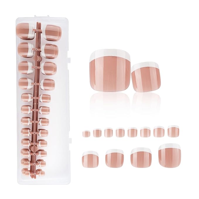 Lamemoria Pre-Design Geled Almond French Tip Press On Toenails,Medium White French Nail Toe Tips, Basic Salon Fake Nail Kit Set With Glue/Tabs/File, 240 PCS