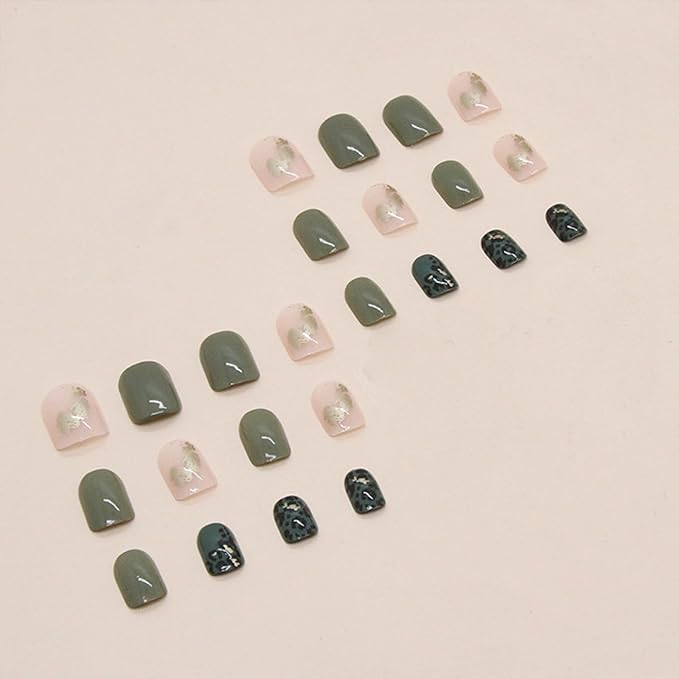 Green Press on Nails Short Square Fake Nails with Design Leopard Print Gold Foil Glue on Nails Full Cover Glossy Acrylic Stick on Nails Cute Artificial False Nails for Women Nail Art Decoration 24Pcs