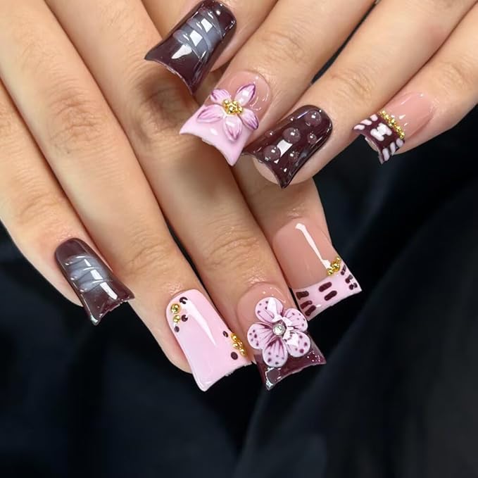 Press On Nails, 10 Pcs Handmade French Purple Duckbill Fake Nails, Reusable Artificial Duckbill False Nails for Women 3D Acrylic Nails Kit (Size M)