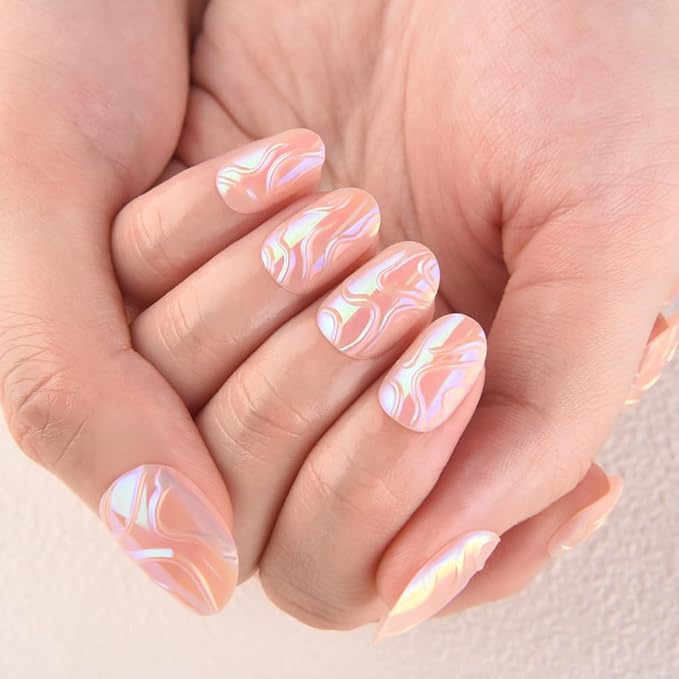 evpct Spring & Summer Glossy Press on Nails Short Oval, Aurora Glazed Fake Nails Press ons with 3D Pattern Design, Light Weight Perfectly Fit Nails for Women Gift, Fake Nail Kit with Kits Gel, 24Pcs