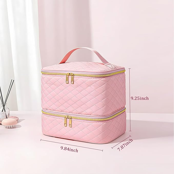 JEWHITENY Nail Polish Organizer Bag Holds 30 Bottles & Nail Lamp,Double-Layer Nail Polish Storage Bag with Adjustable Dividers,Portable Nail Kit Bag For Nail Stuff & Manicure Tools (Pink)
