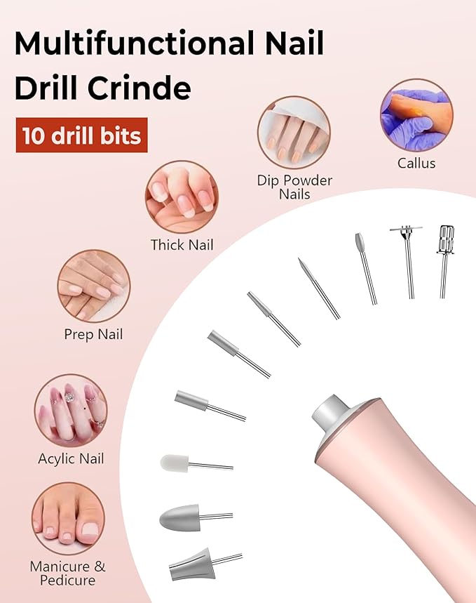 Cordless Nail Drill Electric Nail File, 10-in-1 Manicure Pedicure Kit Nail Grinder Set, 14000 RPM Rechargeable Acrylic Nail Tool, 10 Speeds LED Light LCD Display for Human, Toenails, Home(Pink)
